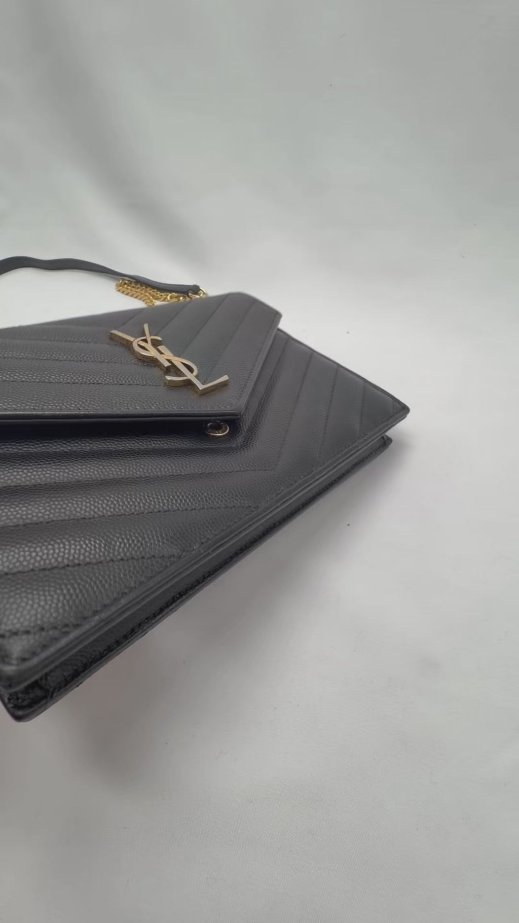 Saint Laurent Cassandre Envelope Chain Wallet in Black Grain de Poudre Leather
